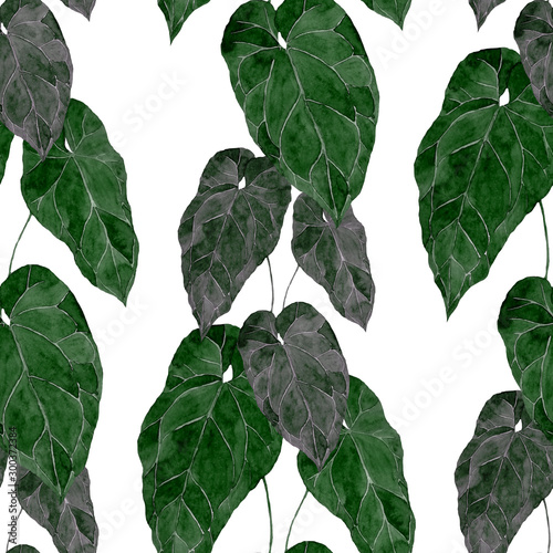 Watercolor seamless pattern with tropical leaves and flowers. Beautiful allov...