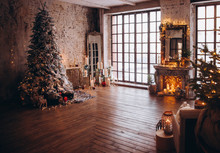 Warm Cozy Evening Luxury Christmas Room Interior Design, Xmas Tree Decorated By Gold Lights Presents Gifts, Candles,mirror Garland Lighting Fireplace.holiday Living Room. New Year Holidays Concept