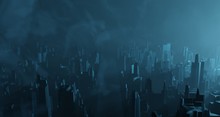 Sci-fi Night Landscape Fantastic City Light Blue Neon Glow Top View. Surrealistic Concept Of Alien Architecture Apocalypse. 3D Rendering