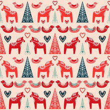 Seamless Vector Pattern With Horses, Birds And Christmas Tree In Scandinavian Folk Style.