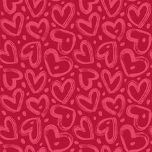 Brush Strokes Hearts And Spots On A Red Background. Seamless Vector Pattern In Valentine's Day Theme.