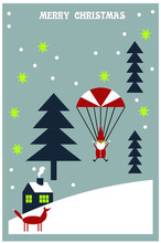 Vertical Banner, Christmas Card, Cute Red Gnome On A Colorful Parachute.
