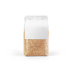 Sesame seeds in transparent plastic bag with white label isolated on white background. Packaging template mockup collection. Stand-up Front view package.

G