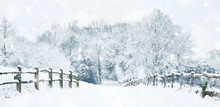 Path Through English Rurual Countryside In Winter With Snow In Heavy Snow Storm