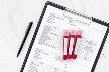 Blood test results on grey background top view copy space