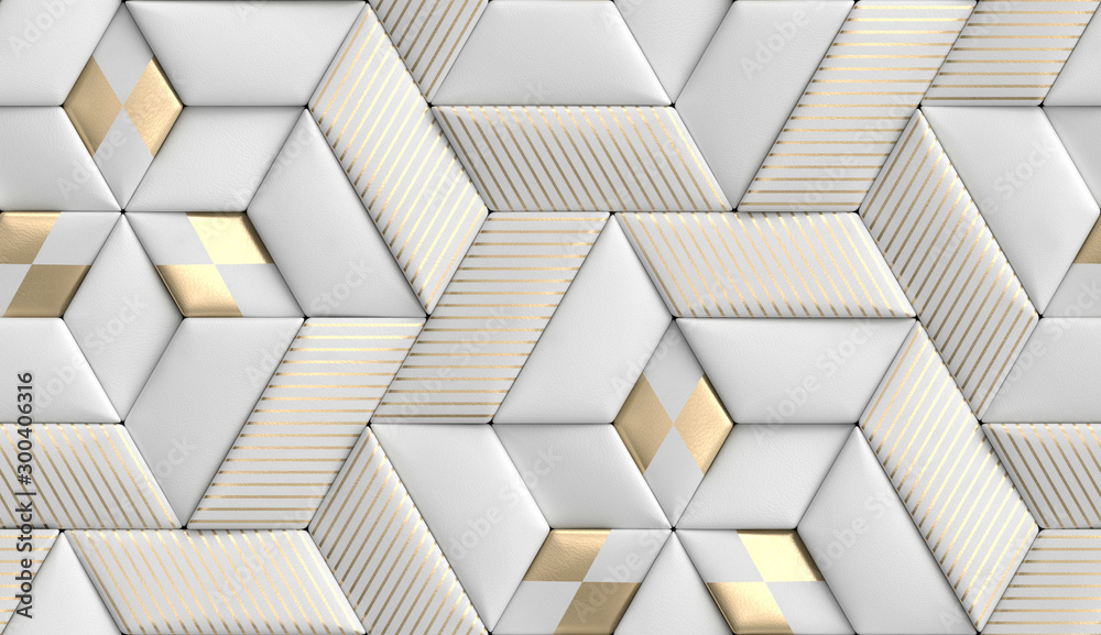 3D wallpaper of 3D soft geometry tiles made from white leather with golden decor stripes and rhombus. High quality seamless realistic texture. - obrazy, fototapety, plakaty 