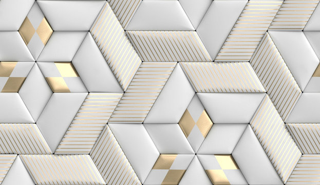 Wall Mural -  - 3D wallpaper of 3D soft geometry tiles made from white leather with golden decor stripes and rhombus. High quality seamless realistic texture.