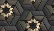 canvas print picture - 3D wallpaper of 3D tiles soft geometry form made from black leather with golden decor stripes and rhombus. High quality seamless realistic texture.