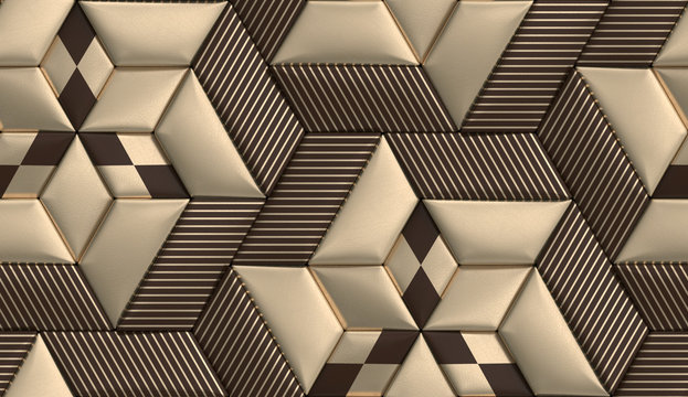 Wall Mural -  - 3D wallpaper of 3D soft geometry tiles made from brown and golden leather with golden decor stripes and rhombus. High quality seamless realistic texture.