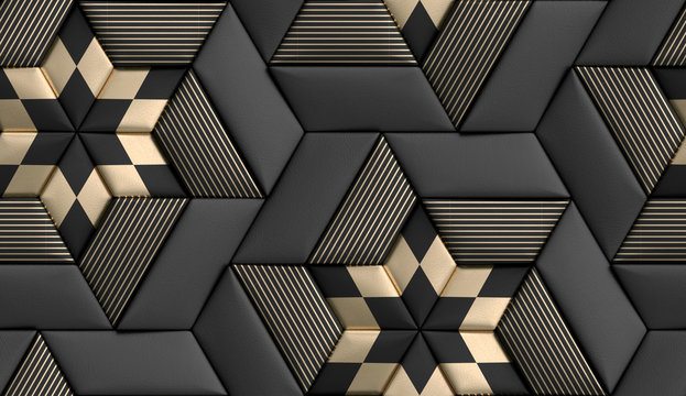 Wall Mural -  - 3D wallpaper of 3D tiles soft geometry form made from black leather with golden decor stripes and rhombus. High quality seamless realistic texture.