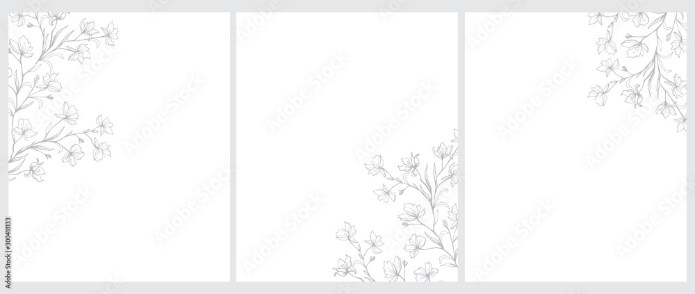Set of 3 Blooming Tree Twigs Vector Illustration. Gray Tree Branches with Flowers Isolated on a White Background. Simple Elegant Wedding Cards. Floral Hand Drawn Arts. Illustration Without Text. - obrazy, fototapety, plakaty 