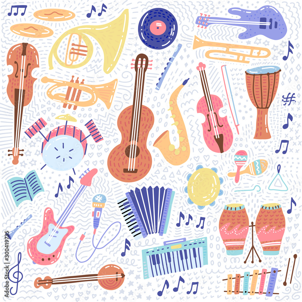 Big Music set musical instrument and symbols icons collections. Cartoon sound concept elements. Music notes with Piano, Guitar, Violin, Trumpet, Drum, Saxophone and Harp. Hand drawn doodle Vector - obrazy, fototapety, plakaty 