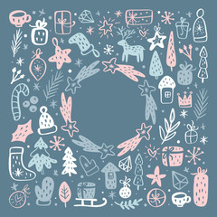 Wall Mural - Christmas background with xmas gifts, caps, hats and other elements. Vector template for greeting card with place for text. Winter frame isolated