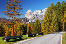 Alpine Autumn Landscape In The Ampezzo Dolomites, Italy