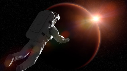 Wall Mural - astronaut watching the sunrise during a space walk in orbit of planet mars