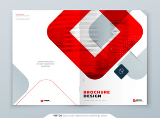 Wall Mural - Red Brochure Design. A4 Cover Template for Brochure, Report, Catalog, Magazine. Brochure Layout with Bright Color Shapes and Abstract Photo on Background. Modern Brochure concept