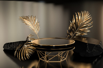 Poster - Podium concept product display background, gold black stone round pedestal or platform, 3d rendering.