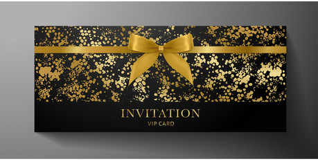 Wall Mural - Luxurious VIP Invitation template with gold bow, ribbon on black textured background. Premium class design for Gift certificate, Voucher, Gift card 