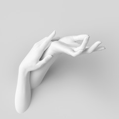 White Beauty concept. Elegant woman hands sculpture. white female hands soft touch gesture, product dispalay, mannequin body parts, 3d rendering.