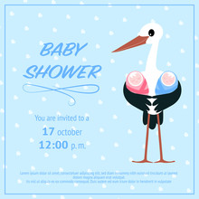 Stork With Twins On A Blue Background. Invitation Card Template Design For Baby Shower Party. Vector
