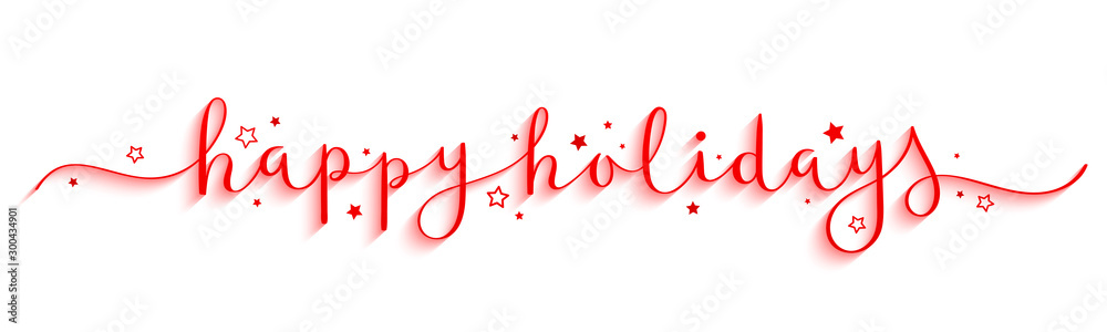 HAPPY HOLIDAYS red vector brush calligraphy banner with swashes and stars - obrazy, fototapety, plakaty 