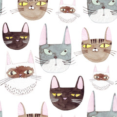 Naklejka na meble Seamless  pattern of cute cats .  Watercolor background with cat heads. Hand drawn illustration. Painted backdrop. Cloth pattern. Cat, kitten, head.