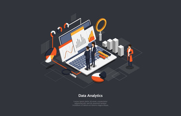 Poster - Isometric Business data analytics process management or intelligence dashboard.