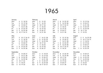 Wall Mural - Calendar of year 1965