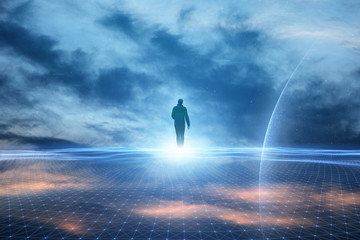 Wall Mural - Futuristic cyberspace walking in bright abstract sky. Businessman in digital world.