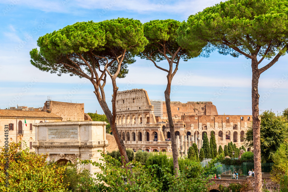 The Colosseum in Rome, Italy during summer sunny day. The world famous colosseum landmark in Rome. - obrazy, fototapety, plakaty 