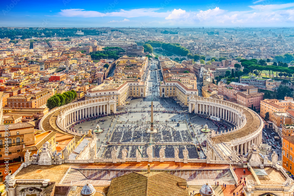 Famous Saint Peter's Square in Vatican and aerial view of the Rome city during sunny day. - obrazy, fototapety, plakaty 