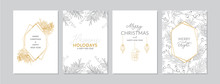 Golden And Silver Christmas Cards Set With Hand Drawn Tree Branches And Berries. Doodles And Sketches Vector Illustrations, DIN A6