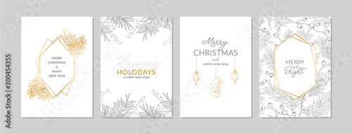 Fotografía Golden and silver Christmas cards set with hand drawn tree branches and berries