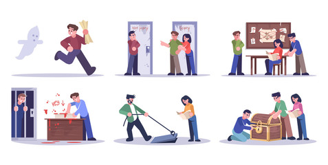 Sticker - People in escape room flat vector illustrations set. Friends solving puzzles isolated cartoon characters on white background. Friends getting out of trap, finding solution of conundrum. Quest room