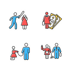 Poster - Gender equality color icons set. Female economic activity. Violence against woman. Sexual slavery. Bullying, harassment. Gender stereotypes. Couple relationship. Isolated vector illustrations