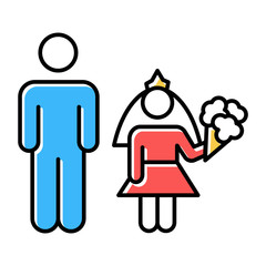 Sticker - Child marriage color icons set. Girl and man, groom and bride. Forcible wedlock. Compulsory marriage. Female, male rights. Relationship with no consent. Criminal offense. Isolated vector illustrations