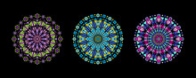 Stained Glass Illustration Collection, Circle Shape, Stylized Rose Window Mandala Ornament, Tracery. Round Frames Set, Radial Floral Motive Design Element. Colorful Mosaic Decoration, Black Background