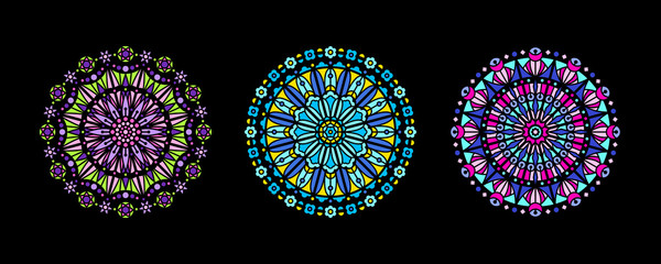 Stained glass illustration collection, circle shape, stylized rose window mandala ornament, tracery. Round frames set, radial floral motive design element. Colorful mosaic decoration, black background