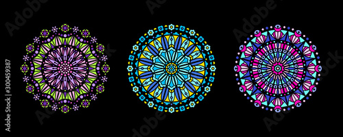 Fotomural Stained glass illustration collection, circle shape, stylized rose window mandala ornament, tracery