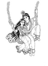God Krishna And Radha On A Swing Entwined With Flowers Is A Graphic Drawing On A White Background.