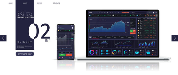 Wall Mural - Trading platform dashboard, Forex market, stock platform, binary option. universal application for smartphone and laptop. UI, UX, KIT mockup. Candles and indicators. Cryptocurrency and finance. Vector