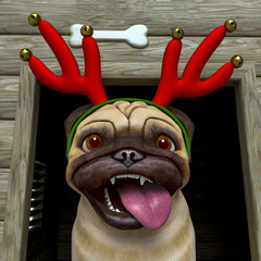 Wall Mural - dog pug cartoon with a christmas hat is in the house