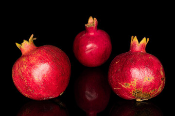 Group of three whole fresh red pomegranate isolated on black glass