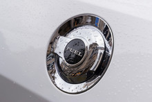 A Petrol Cap Cover On A Modern White Car. The Fuel Tank Of The Modern Sports Car, Close Up View