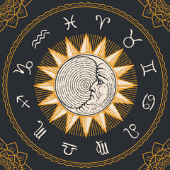 Poster - Vector circle of the Zodiac signs in retro style with hand-drawn Sun, crescent Moon and floral patterns in the corners. Horoscope circle with twelve symbols for astrological forecasts