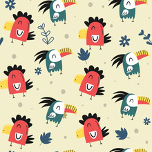 Vector Seamless Pattern With Cute Parrots. Scandinavian Style. Simple Graphics For Children's Design.