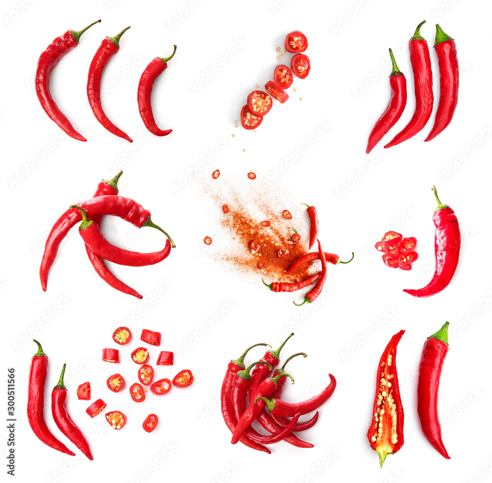 Set with hot chili peppers isolated on white - obrazy, fototapety, plakaty 