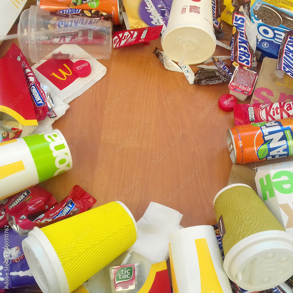 Garbage Processed Snacks Many used food wrappings and drink cans by random food manufacturing ...