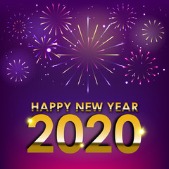 Brightly Colorful Fireworks celebration on twilight colorful fireworks vector with greeting Happy new year 2020 on dark blue  purple background with sparking bokehs.