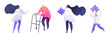 © Visual Generation - Elderly care flat vector illustrations set. Nursing home, hospital staff cartoon characters. Senior with walkers. Young male and female doctors holding jigsaw puzzle pieces. Healthcare metaphor